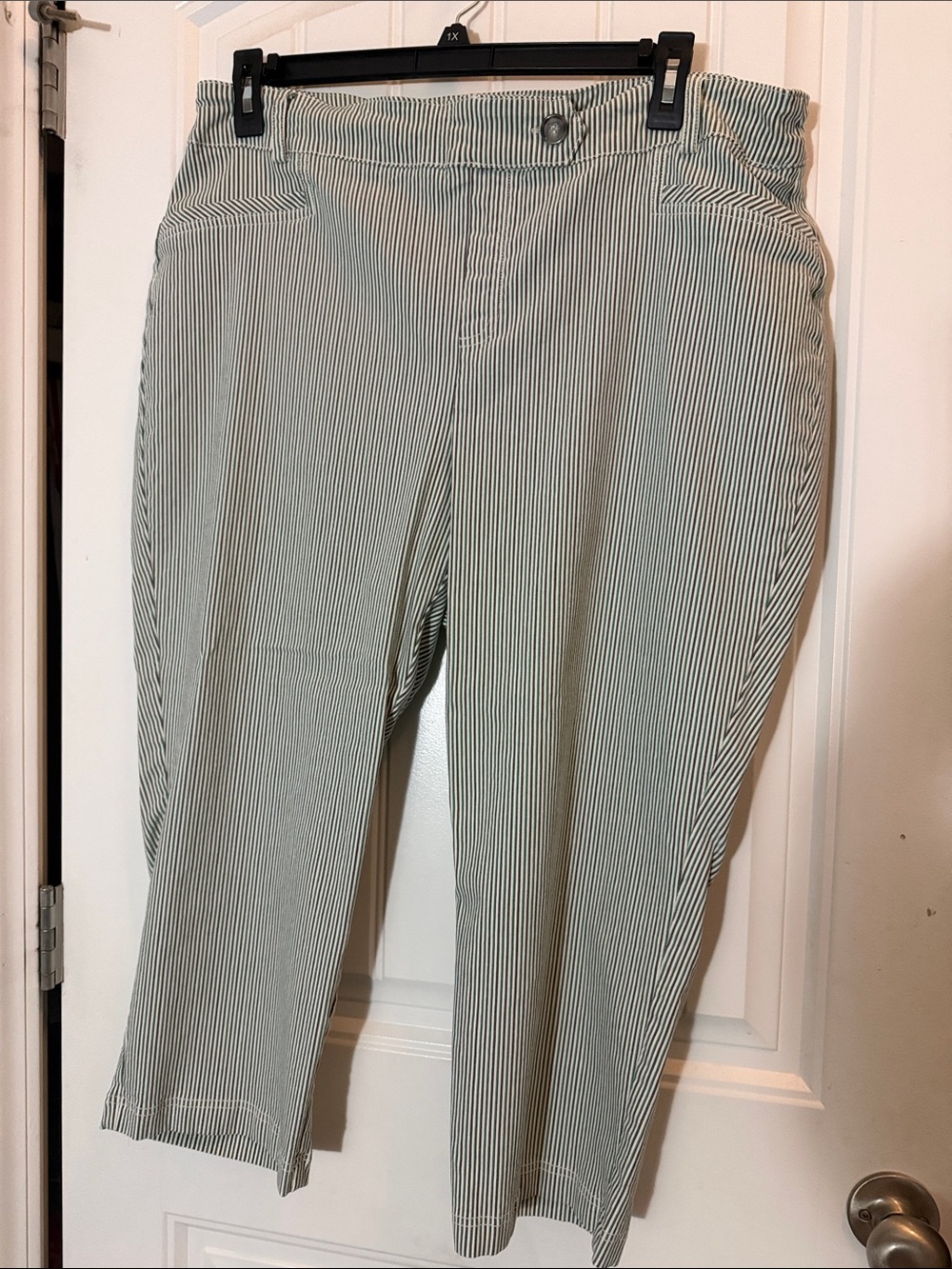 Cato Green and White Pinstripe Cropped Trousers